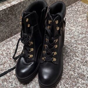 Material Girl Black Combat Boots with Gold Details